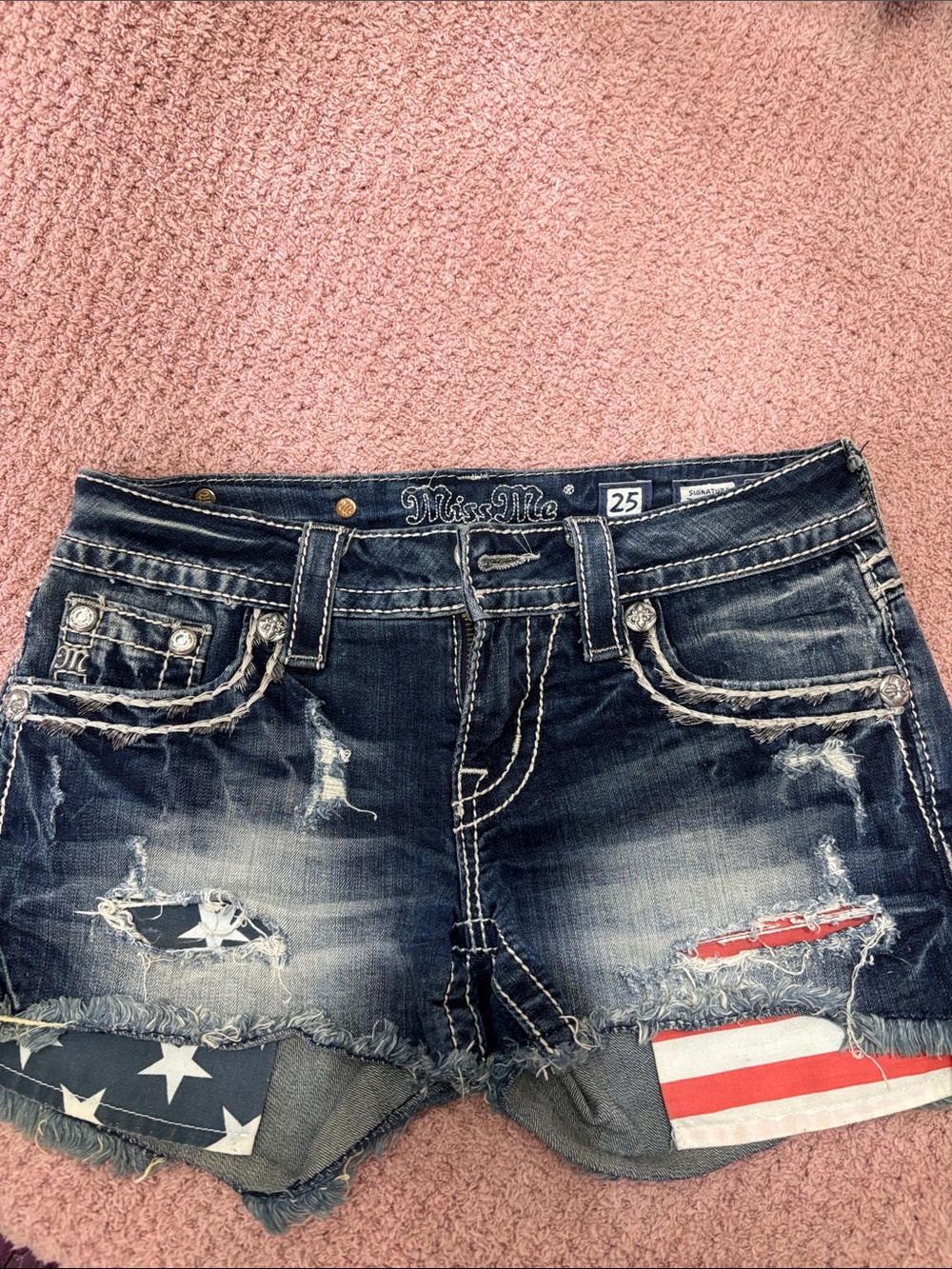 Miss Me Dark Blue Denim Cutoff Shorts with American Flag Patches